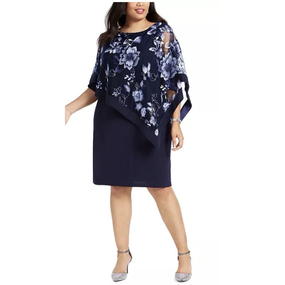 R & M Richards Plus Embroidered Cape Dress Size 20 Blue USA Made Floral NWT - Picture 2 of 12